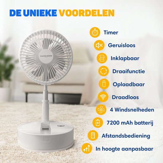 Vulpes Goods® Tech Draadloze Statiefventilator – 4-in-1 Oplaadbare Ventilator – Stil & Verstelbaar – PRO Versie