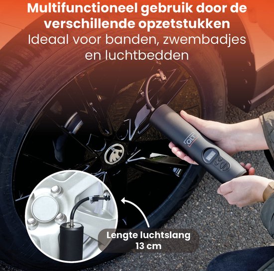QLT Draadloze Luchtcompressor met LED Verlichting - Elektrische pomp - Inclusief USB-Oplaadkabel en 4 Opzetstukken - 10,3 Bar - LCD-display - Zwart