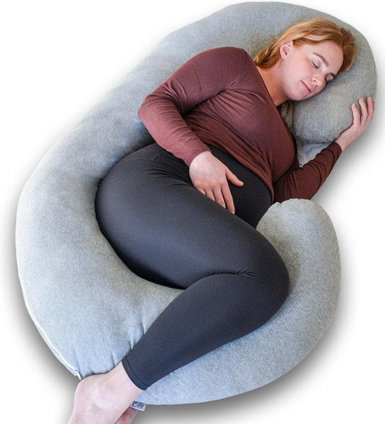 EL-Life Zwangerschapskussen XXL C-vorm - Zijslaapkussen - Lichaamskussen - Voedingskussen - Body Pillow - 150x70cm - Afneembare Jersey Katoenen Hoes, Lichtgrijs