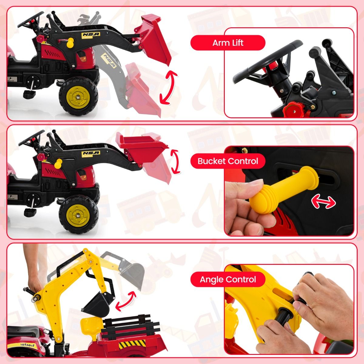 Coast Kinderzittractor - 3-in-1 graafmachine met afneembare aanhanger - 6 wielen - rood