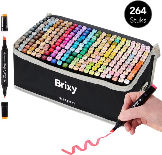 Brixy Twinmarkers 264 Stuks - Professionele Alcohol Markers - Dubbelzijdige Tip - Stiften - Opbergtas Met Houder