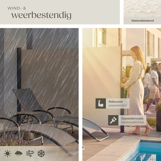 tectake® Uitschuifbaar Windscherm met Oprolmechanisme - 300 x 160 cm - Zijluifel met Aluminium Frame- Zonnescherm - Tuinscherm - Beige Balkonscherm - Ondoorzichtbaar Privacyscherm - Markiesdoek