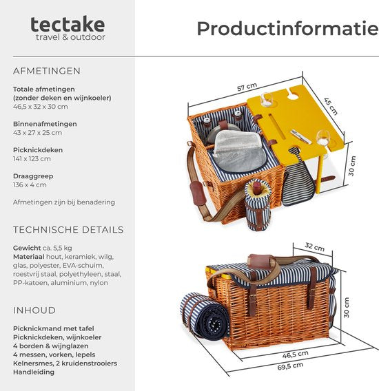 tectake® complete Picknickmand Set Texel - Luxe 24-delige Picknick set voor 2 personen - Rieten Picknick Mand met Picknickkleed - Inclusief Koelvak, Set met Borden, Kunststof Wijnglazen en Roestvrijstalen Bestek