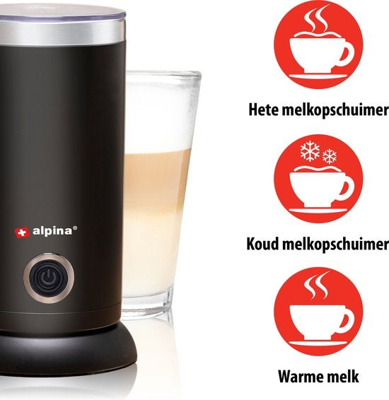 Alpina Elektrische Melkopschuimer - 3-in-1 Melkschuimer - tot 300ml - voor Warme en Koude Melk u2013 Zwart