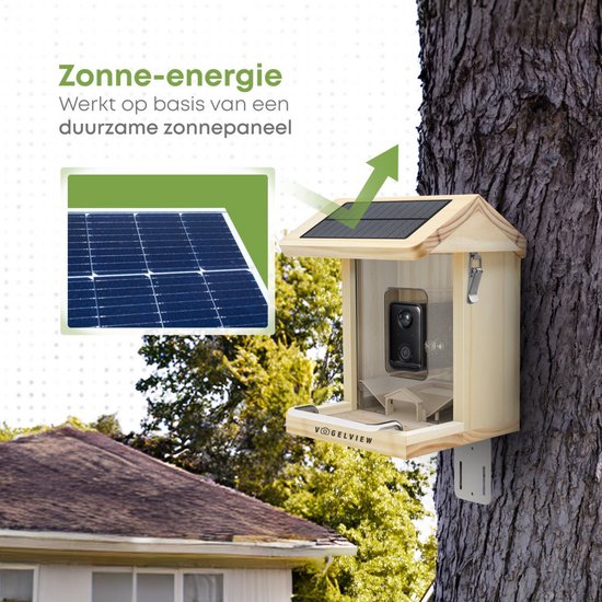 Vogelview -Vogelvoederhuisje - Vogelhuisje met Camera - Hout - AI vogelherkenning - 1080 HD - Audio - Met zonnepaneel