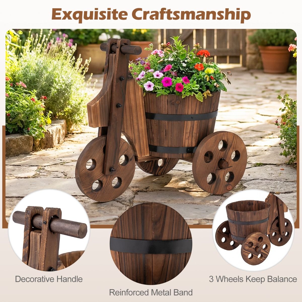 Coast Houten driewielige plantenbak - tonvormig - met afwateringsgat - bruin 47 x 32 x 43,5 cm