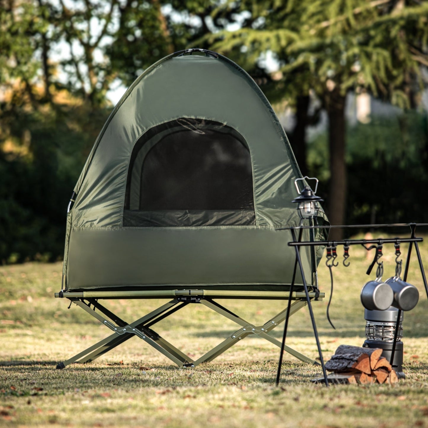 SoBuy – Campingbed Met Tent 2 Personen – 193 x 145 x 188 cm & 7-In-1 Set – Inclusief Luchtbed Schlafsäcken En Voetpomp – Voor Outdoor En Festivals – Groen Polyester En Metaal