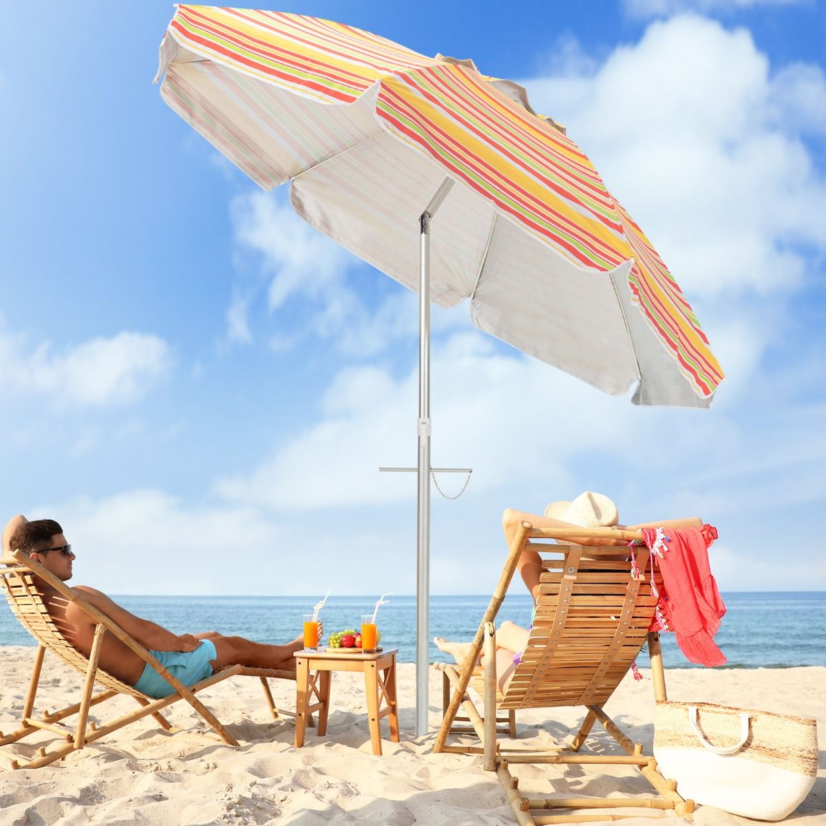 Coast Strandparasol Ø198 x 206 cm – Rood/Geel – Draagbaar zonnescherm met zandanker & draagtas