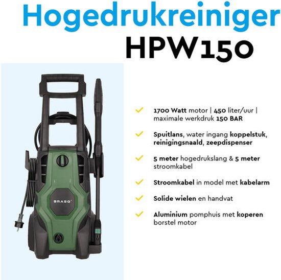 BRASQ Hogedrukreiniger HPW 150 - Terrasreiniger - Hogedrukspuit – 2000W - 150 bar - 468 L/H - Complete set