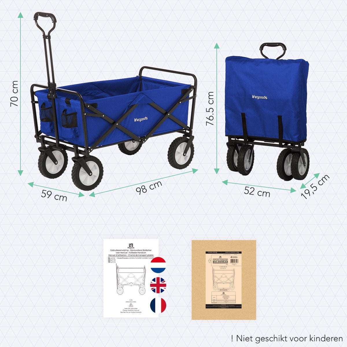 LifeGoods Bolderkar - Opvouwbaar - Draaibare wielen - 2 Standen - 70KG Draagkracht - Blauw