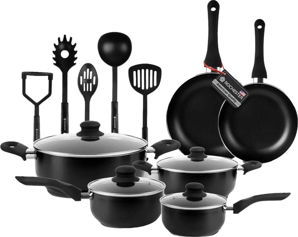 Rochester Pannenset - 18-delig - Aluminium - Non-stick - Incl. Deksel - Zwart