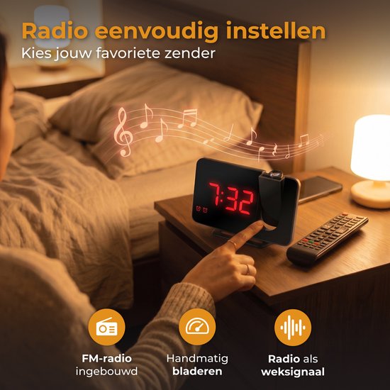 Nuvance Wekkerradio - Digitale Wekker met Projectie - Radiowekker - 2 Alarmen - Wekkers Digitaal - Wekkerradio op Netstroom