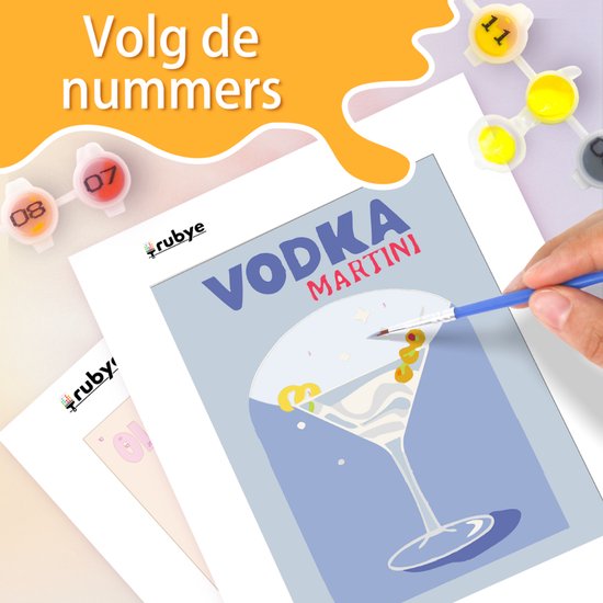 Rubye® Schilderen Op Nummer Volwassenen – Vodka Martini - Cocktails – Inclusief Verf en Penselen – Canvas Schildersdoek - Kleuren op Nummer - Dubbele Set - 15x20cm