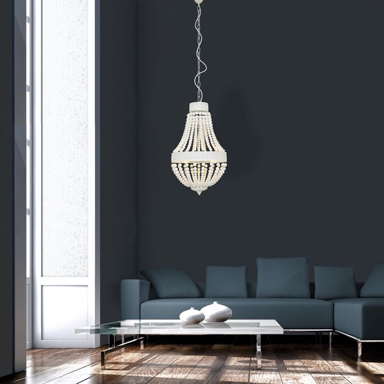 Hanglamp Ella 10191W - Trendy Witte Kralenlamp van Hout en Metaal, Verstelbare Hoogte 70-155 cm - Merk: Mexlite
