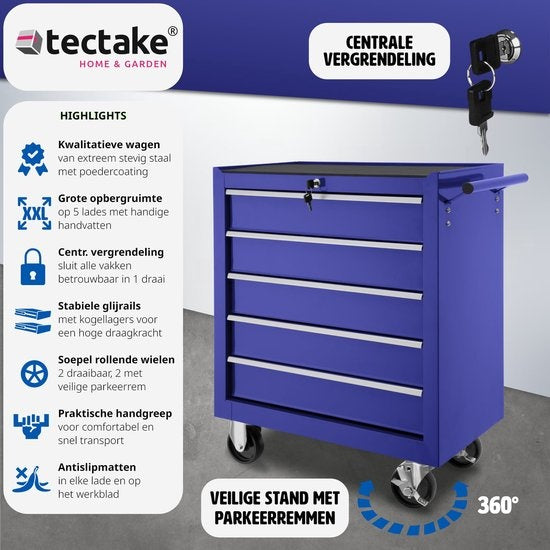 tectake® - Gereedschapswagen met 5 lades - blauw - 402798