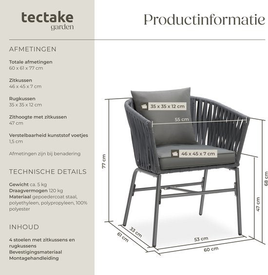 tectake® Tuinstoel, set van 2, metalen buitenstoel, terrasstoel met armleuningen, lounge chair, tuin fauteuil, tuin meubels, balkon meubels, tuinset lounge, waterafstotende kussens, verstelbare poten