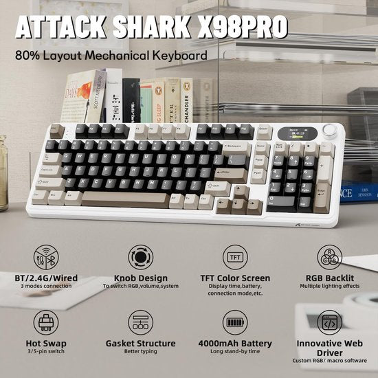 ATTACK SHARK X98 - Draadloze Mechanisch Gaming Toetsenbord - TFT Scherm - Multifunctionele Draaiknop - PBT Keycaps - Wired/2.4G/Bluetooth Tri-Mode - Gasket Mod - 98keys - Cheese White