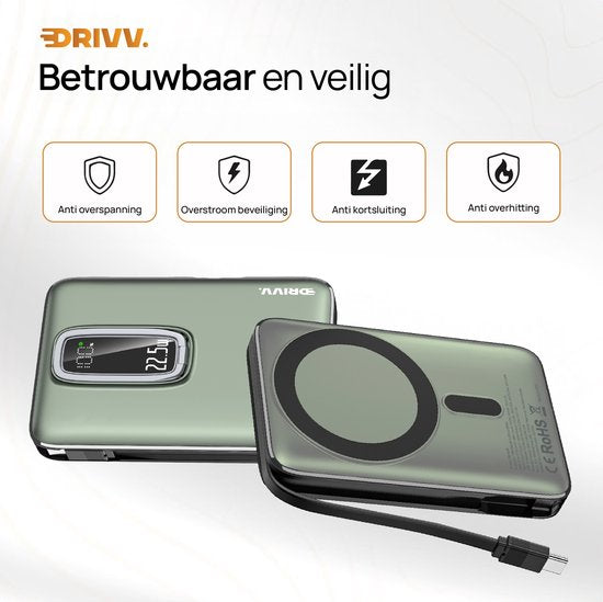 Powerbank 10.000 mAh geschikt voor MagSafe met USB C Kabel - 3 in 1 Ontwerp - 22.5W Draadloze Powerbank - Inclusief 60W Oplaadkabel - Snellaadfunctie - USB & USB C - Zwart -