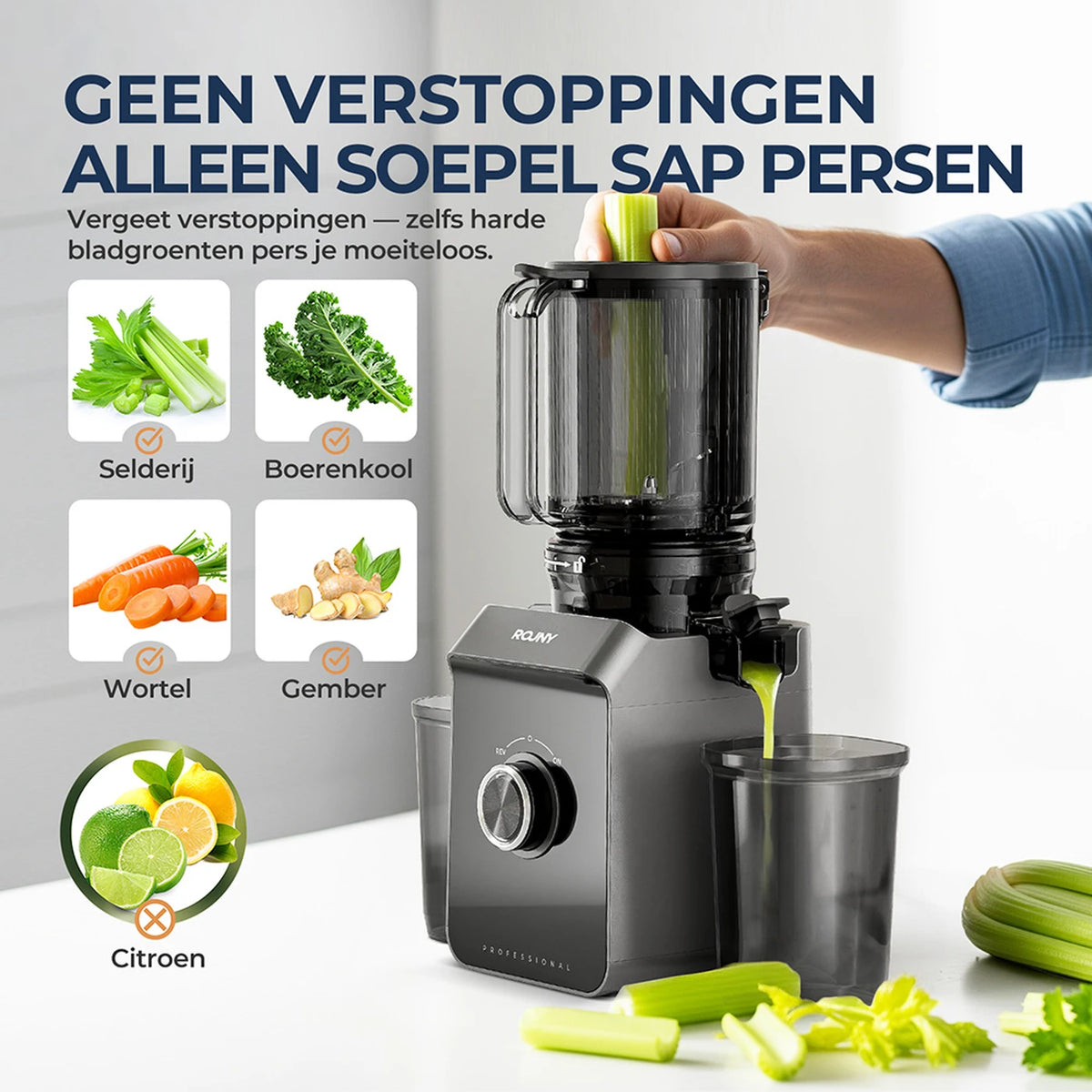 Rouny Slow Juicer FF Pro Max - 150 W Koudperssapcentrifuge - 130 mm Vulopening - Filtervrij - Fruitijsfunctie - 1,8 L - Zwart