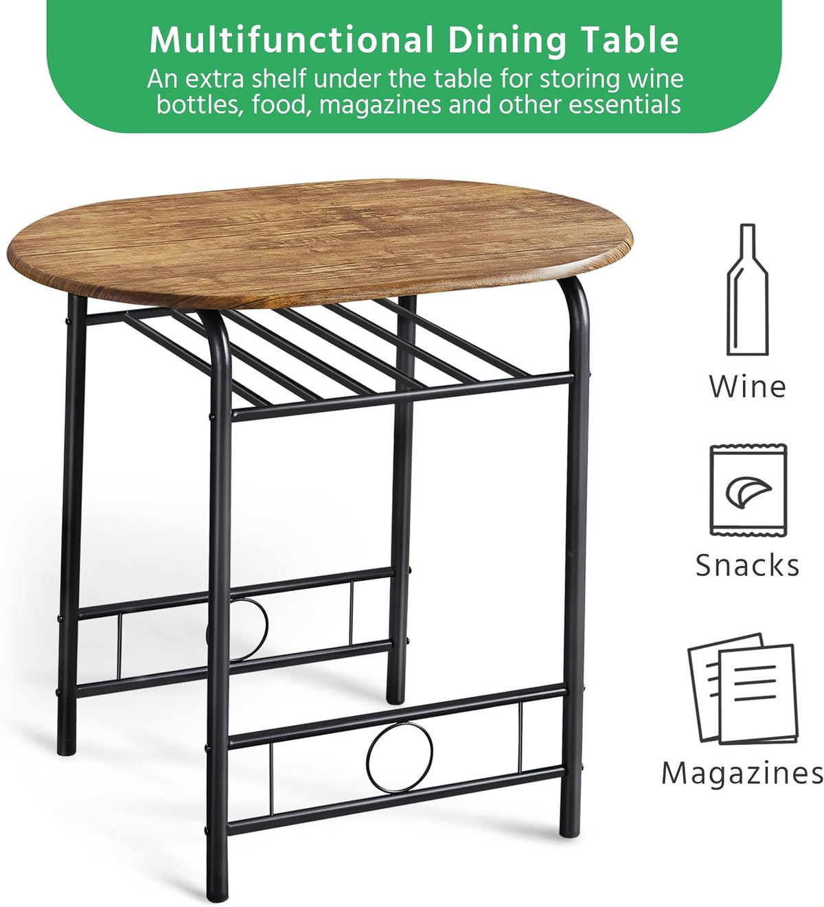 Yaheetech Eettafelset voor 2 Personen - Tafel 80 x 53 x 75,5 cm met 2 Stoelen - Met Opbergplank - Bruin