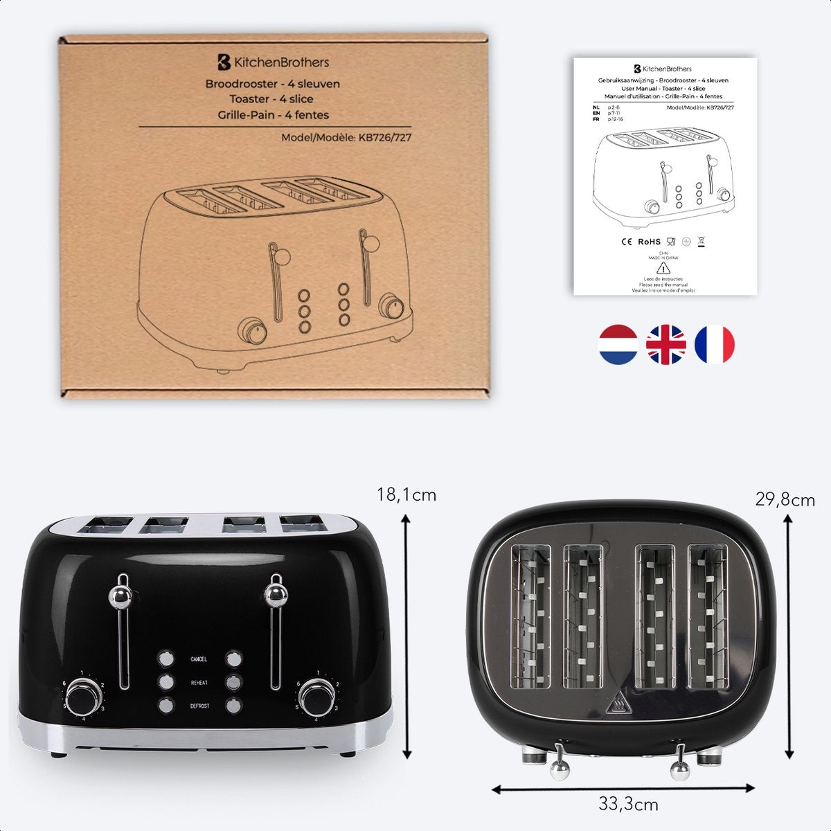 KitchenBrothers Retro Broodrooster - Toaster - 6 Warmteniveaus - 4 Extra Brede Sleuven - 1630W - Zwart