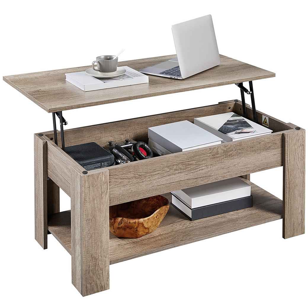 Yaheetech Salontafel met Lift-Top – Grijs – 98 x 50 x 41,8/56 cm – In hoogte Verstelbaar met Opbergruimte