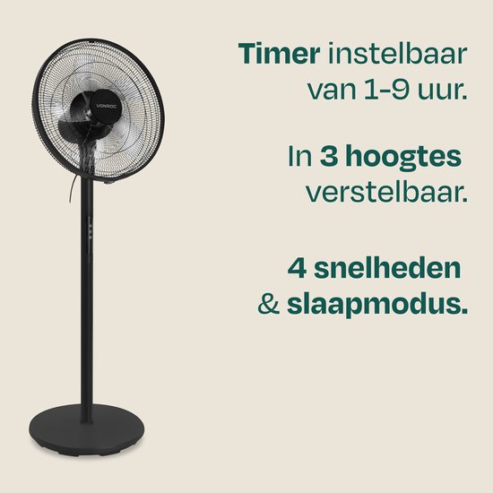 VONROC Vloerventilator - Ø 45,5cm - 3 snelheden – timer - verstelbaar in 3 hoogtes - incl. afstandsbediening - zwart