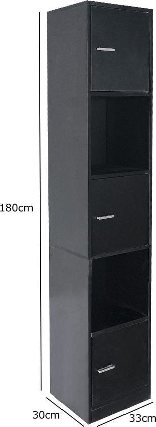 Kolomkast badkamer - opbergkast badkamer slaapkamer of hal - 180 cm hoog - zwart