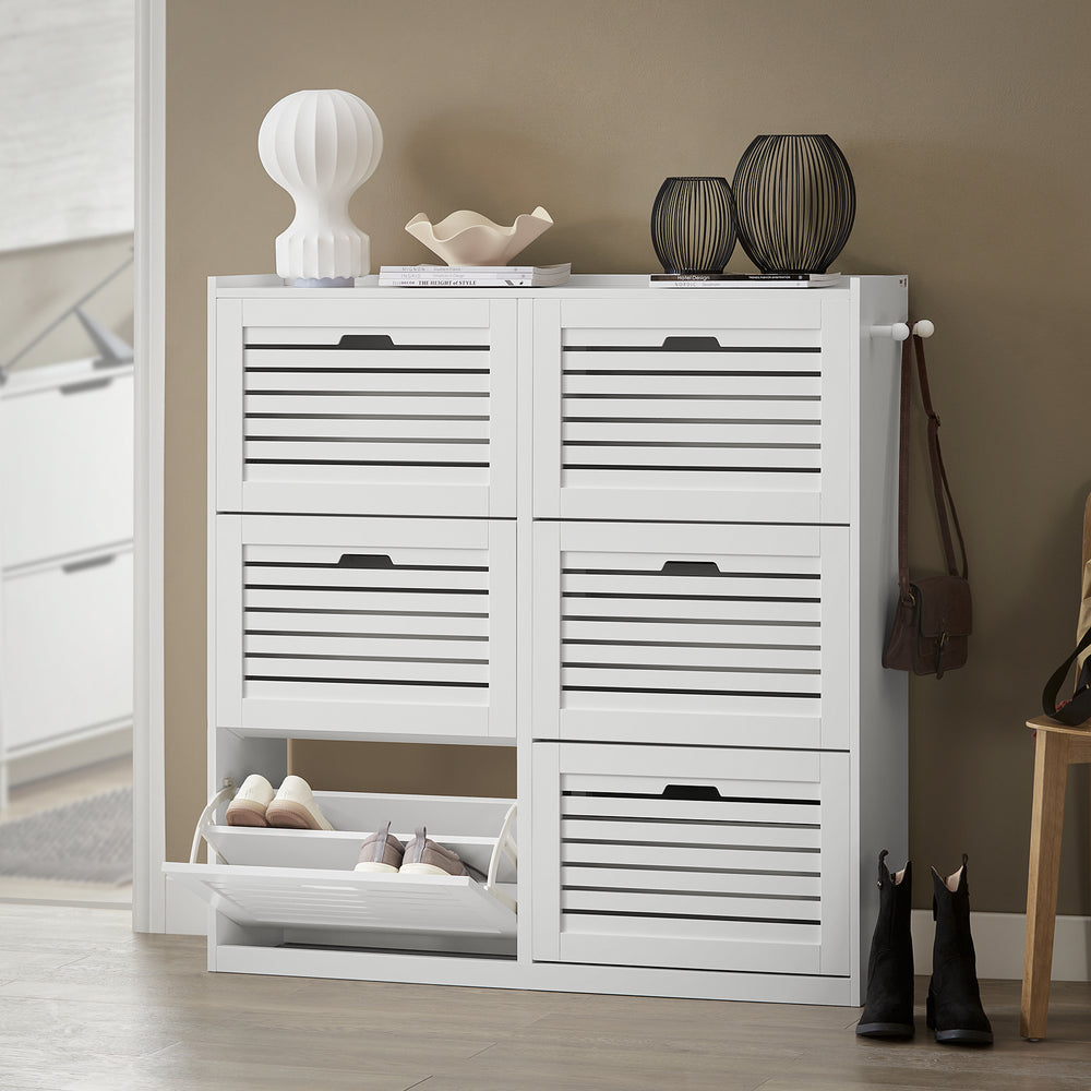 SoBuy FSR145-W Schoenenkast Met 6 Kleppen, Schoenencommode Met 2 Haken, Schoenenrek, Schoenenkist, Gangkast