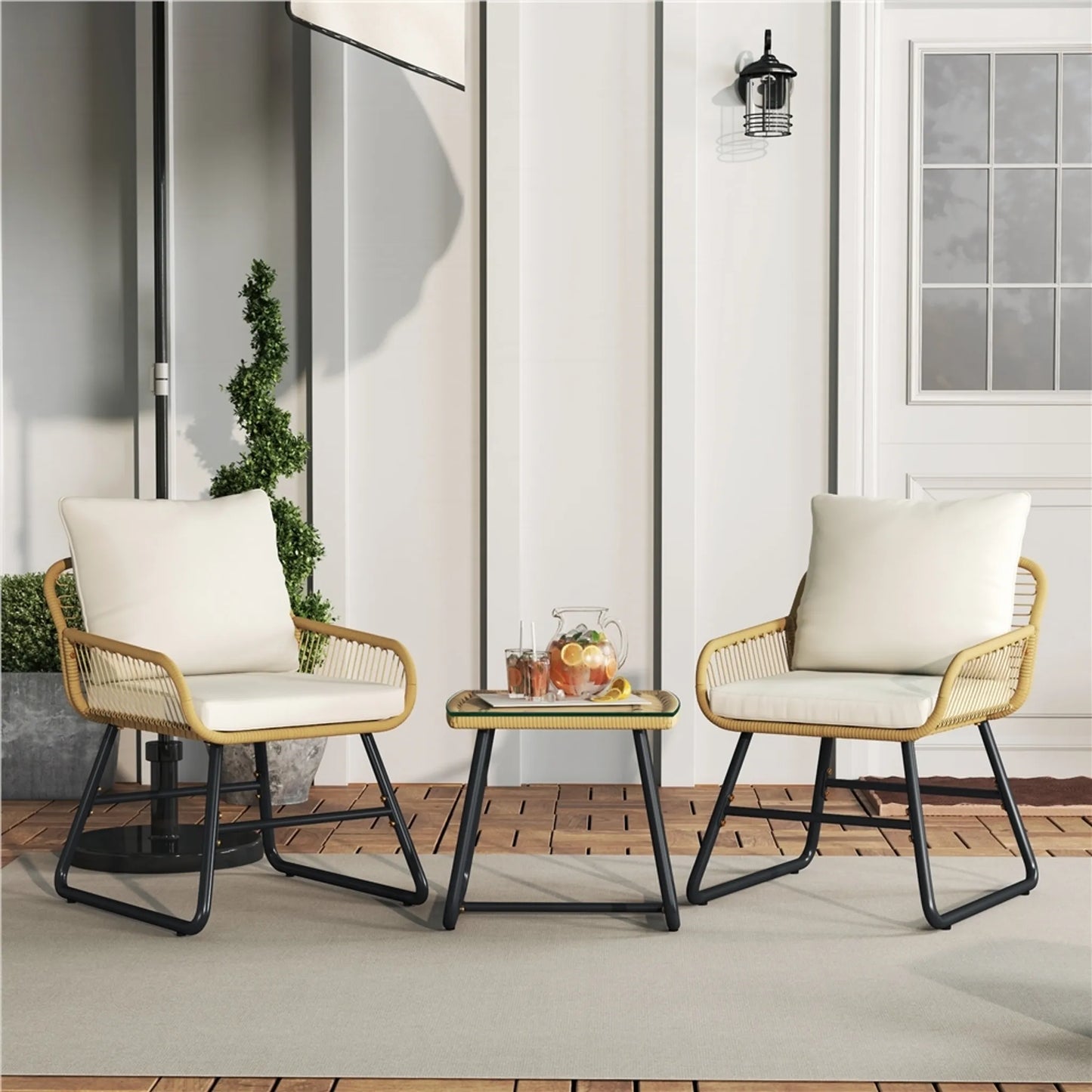 Yaheetech Bistroset Tuinset 3-Delig – 61 x 65 x 76 cm – Voorzien Van Handgeweven PE-Rattan En Glazen Tafelblad En Inclusief Zit- En Sierkussens – Voor Balkon En Terras – Lichtbruin En Metaal