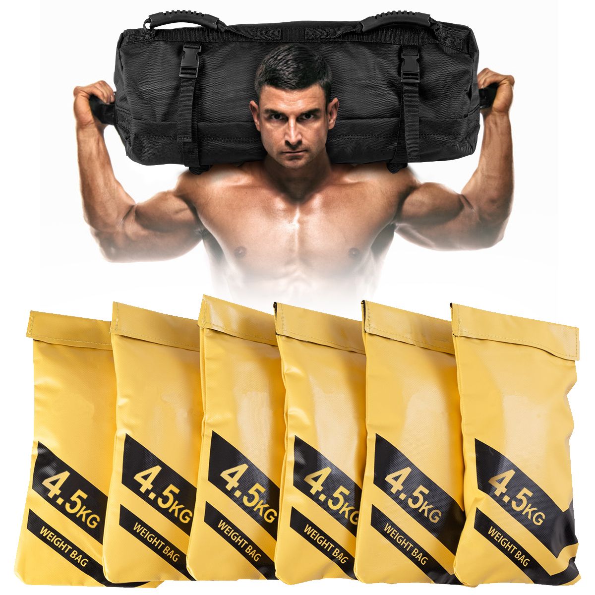 Coast Powerbag Trainingszandzak - verstelbaar gewicht - 6 handgrepen - zwart/geel