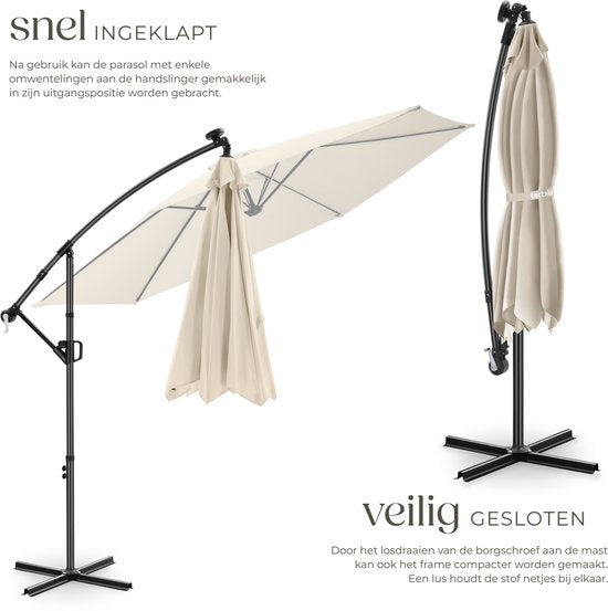 tectake® Zweefparasol met Voet - 3 x 3 m - Tuinparasol met LED-Verlichting op Zonne-Energie - Draaibaar - Waterafstotend Polyester met UV-Bescherming - Inclusief Hoes - Beige