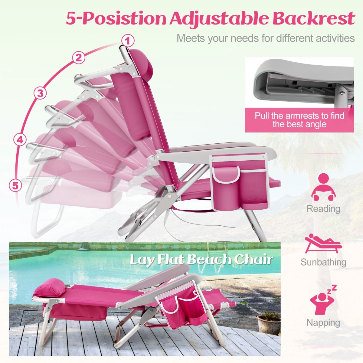 Coast Strandstoel Verstelbare Rugleuning 5-Standen Opvouwbare Ligstoel met Bekerhouder en Opbergvakken Roze 66x65x78 cm – 2 Stuks