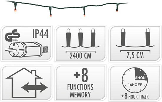 Kerstverlichting 320 led- 24m - rood - Timer - Lichtfuncties - Geheugen - Buiten -Binnen