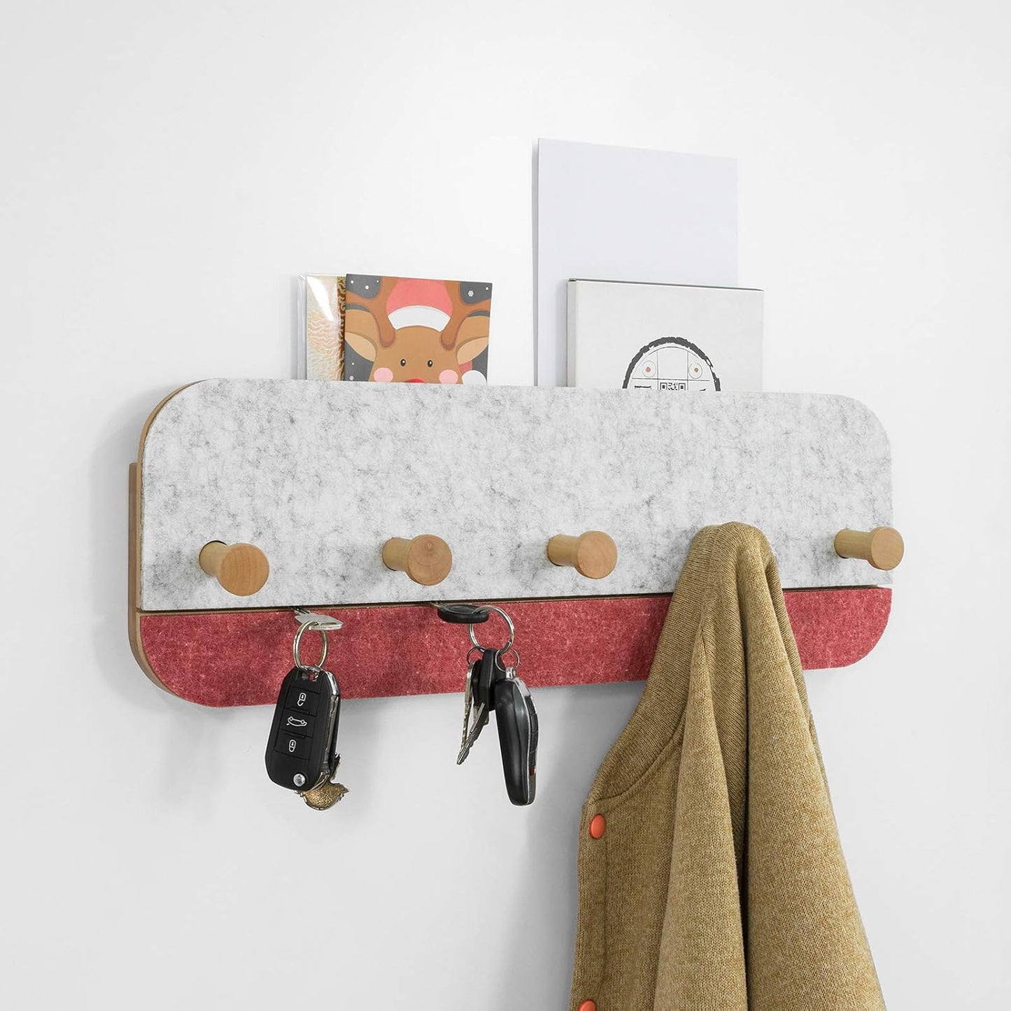 SoBuy FHK16-R Wandkapstok – 5 Haken – Bamboe & Vilt – 55 x 3 x 19 cm – Rood