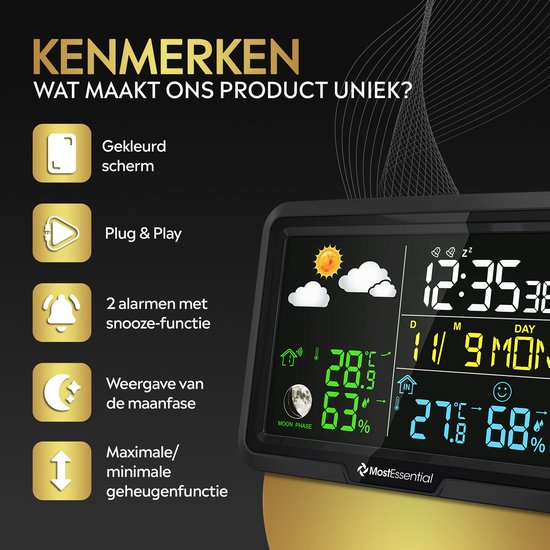 MostEssential Classic Edition Weerstation - Plug & Play Installatie - Draadloos - Weerstation met Buitensensor - Hygrometer - Binnen en Buiten - 100 Meter Bereik - 1 sensor