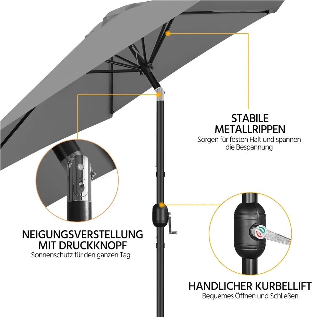 Yaheetech Tuinparasol met Kantelfunctie en Slinger - Grijs - Ø 269 x 241 cm