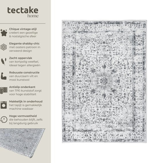 tectake® Vintage design tapijt - Dalia - Laagpolig vloerkleed voor woonkamer, kinderkamer, slaapkamer of hal - Wasbaar - Div. afmetingen - 120x170cm - grijs