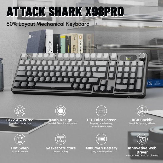 ATTACK SHARK X98PRO - Draadloos Mechanisch Gaming Toetsenbord - Zijbedrukte PBT Keycaps - TFT Scherm - Multifunctionele Draaiknop - Bedraad/2.4G/Bluetooth Tri-Mode - Gasket Mod - 98 toetsen - Moonlit Night