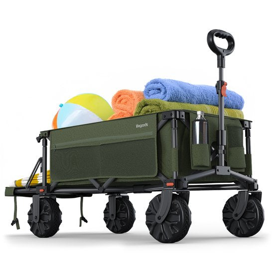 LifeGoods Bolderkar - Opvouwbare Bolderwagen - 130KG - 200L - Uitklapbaar - Met Beschermhoes - Groen