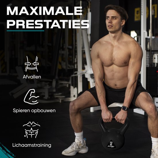 Fitby Kettlebell 12KG - Kettlebell - Fitness - Gewichten - Geschikt voor CrossFit & Fitness - Conditietraining - Zwart