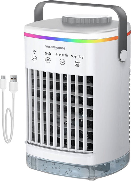 Vulpes Goods® Tech - Mini Airco PRO - Mobiele Airco - Luchtkoeler 4in1 - Aircooler - Tafelventilator - 4 windsnelheden, 2 luchtbevochtingsstanden & timer - Lekvrij - Wit