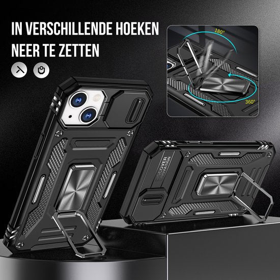 Podec Hoesje geschikt voor iPhone 13 Mini Telefoonhoesje - Anti-Shock Case Cover Hybrid Armor Hoes met Kickstand Ring met Screenprotector