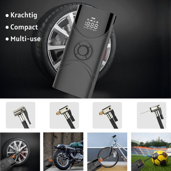 Draagbare luchtcompressor - elektrische fietspomp - bandenpomp voor auto, motor, fiets, bal, luchtbed - Krachtig: 6.000 mAh