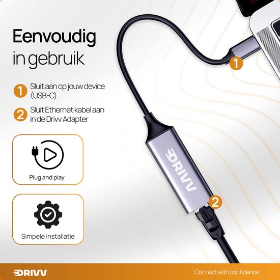 Drivv. USB-C naar Ethernet Adapter / Internet / Netwerk - 10/100/1000 MBps - Grijs