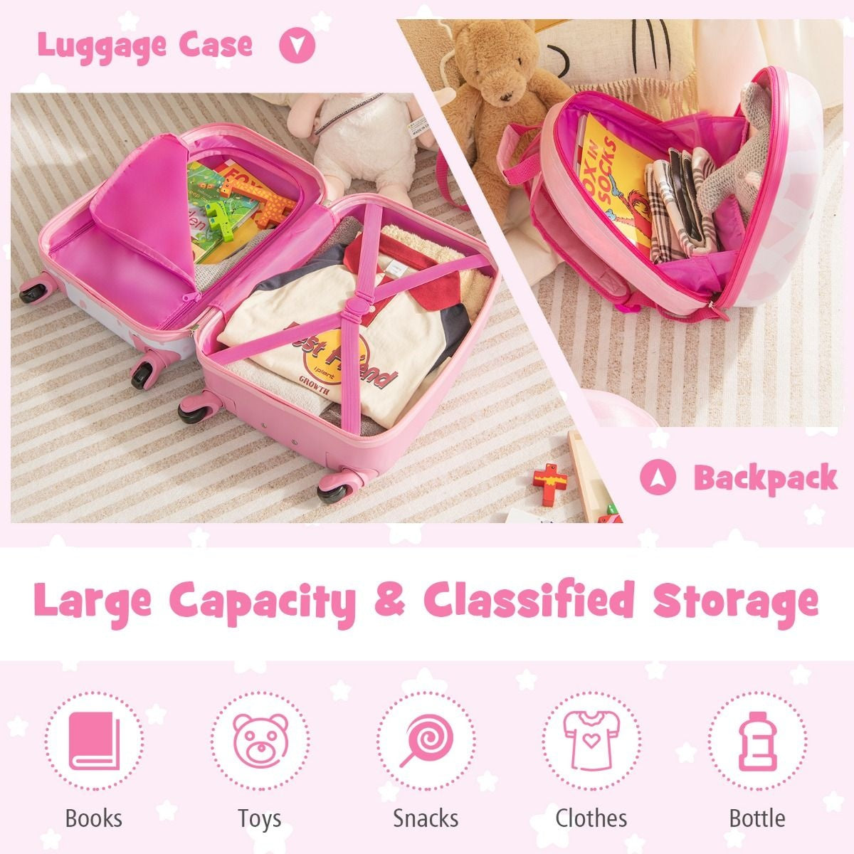 Coast 2-Delige Kinderkofferset Trolley + Rugzak - Eenhoorn Roze - 32cm (L) x 22cm (B) x 40cm (H)