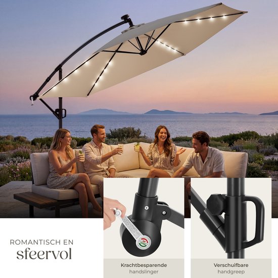 tectake® Zweefparasol met Voet - 3,5 x 3,5 m - Tuinparasol met LED-Verlichting op Zonne-Energie - Draaibaar - Waterafstotend Polyester met UV-Bescherming - Inclusief Hoes - Beige
