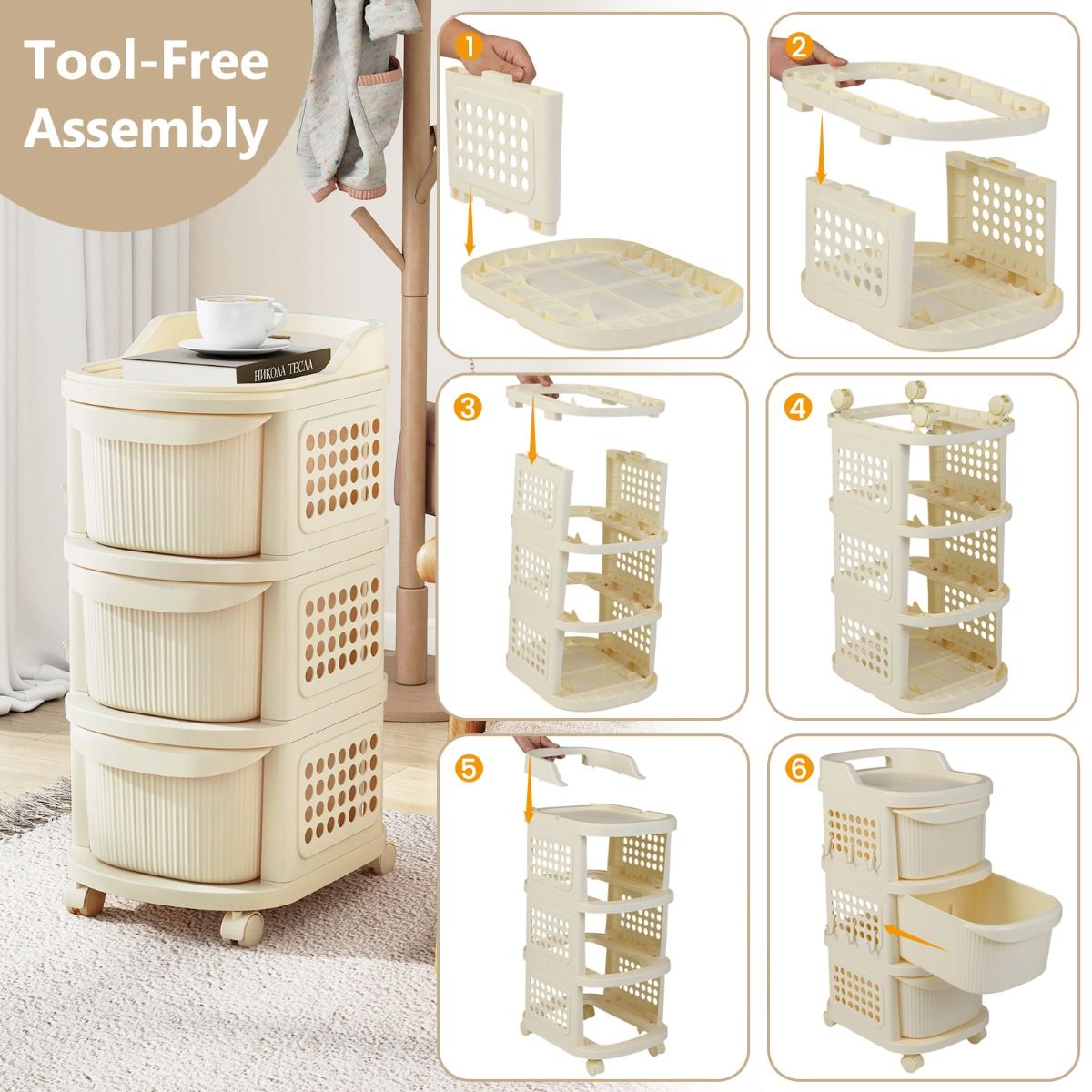 Coast Opbergkar op Wielen - 3 Lades - Met Haken - Wit 38 x 32 x 68 cm