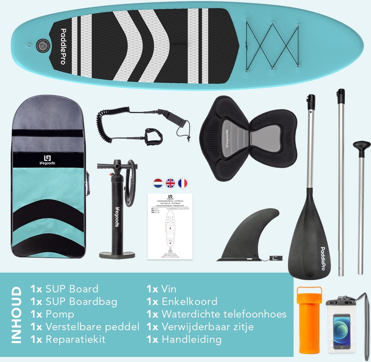 LifeGoods SUP Board - met Zitje - Opblaasbaar Paddle Board - Complete Set - Max. 135KG - 320x81cm - Mintgroen/Zwart
