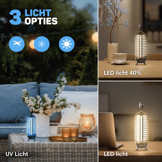 Vulpes Goods® Verjager - Muggenlamp Oplaadbaar - Elektrische Insectendoder - Vliegenlamp - Insectenlamp - UV stand & Nachtlamp - Ophangbaar - Waterdicht - Incl. opvangbak & schoonmaakborstel